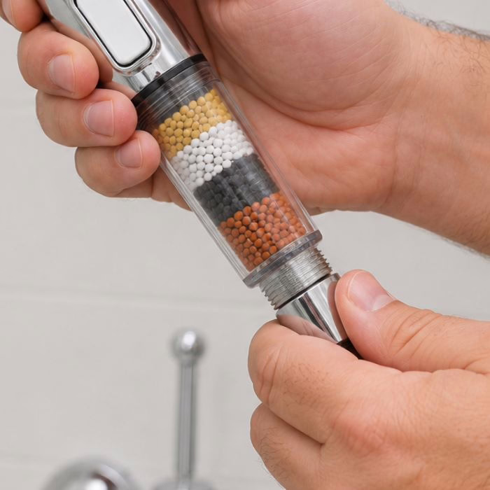 Aufschrauben des AqualisPure Filter-Duschkopfs auf den Duschschlauch